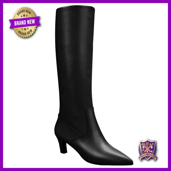 Knee High Boots Faux Leather Block Heel Pointed Toe Side Zipper Wide Calf